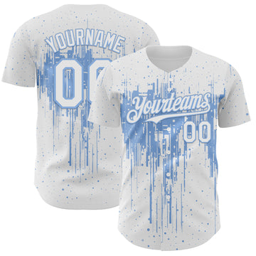 Custom White Light Blue 3D Pattern Design Dripping Splatter Paint Authentic Baseball Jersey