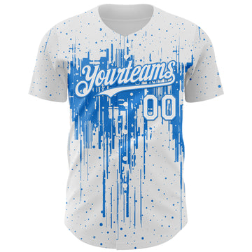 Custom White Powder Blue 3D Pattern Design Dripping Splatter Paint Authentic Baseball Jersey