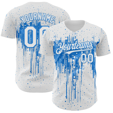 Custom White Powder Blue 3D Pattern Design Dripping Splatter Paint Authentic Baseball Jersey
