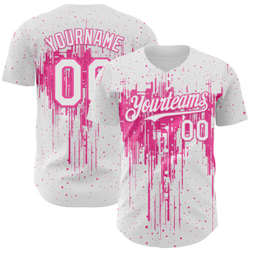 Custom White Pink 3D Pattern Design Dripping Splatter Paint Authentic Baseball Jersey