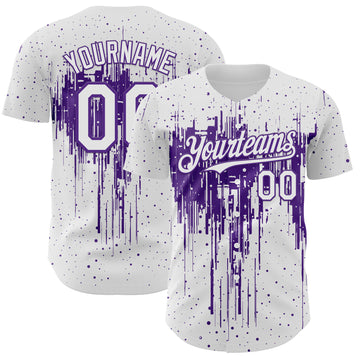 Custom White Purple 3D Pattern Design Dripping Splatter Paint Authentic Baseball Jersey