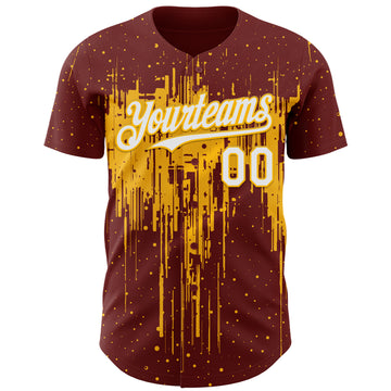 Custom Burgundy White-Gold 3D Pattern Design Dripping Splatter Paint Authentic Baseball Jersey