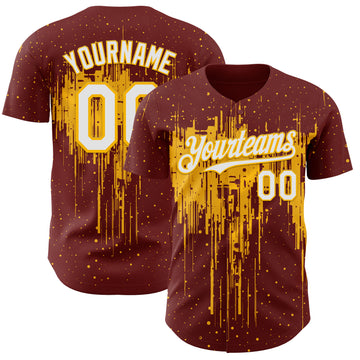 Custom Burgundy White-Gold 3D Pattern Design Dripping Splatter Paint Authentic Baseball Jersey