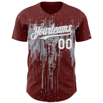 Custom Burgundy White-Gray 3D Pattern Design Dripping Splatter Paint Authentic Baseball Jersey