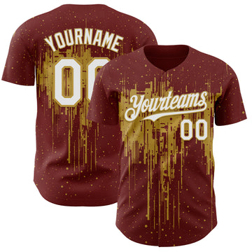Custom Burgundy White-Old Gold 3D Pattern Design Dripping Splatter Paint Authentic Baseball Jersey