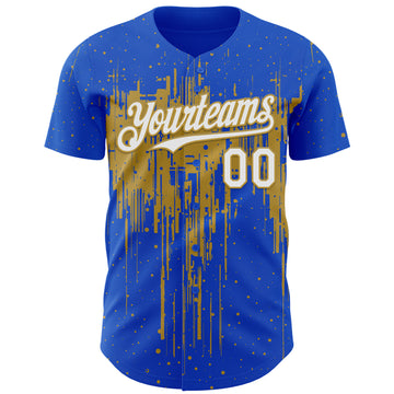 Custom Thunder Blue White-Old Gold 3D Pattern Design Dripping Splatter Paint Authentic Baseball Jersey