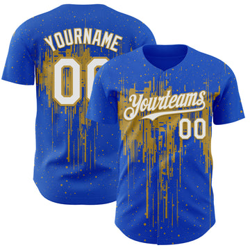 Custom Thunder Blue White-Old Gold 3D Pattern Design Dripping Splatter Paint Authentic Baseball Jersey