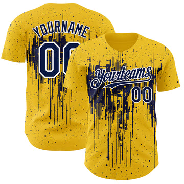 Custom Yellow Navy-White 3D Pattern Design Dripping Splatter Paint Authentic Baseball Jersey