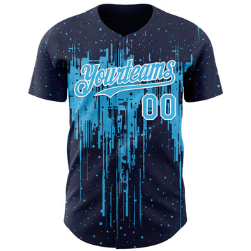 Custom Navy Sky Blue-White 3D Pattern Design Dripping Splatter Paint Authentic Baseball Jersey