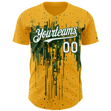 Custom Gold White-Green 3D Pattern Design Dripping Splatter Paint Authentic Baseball Jersey