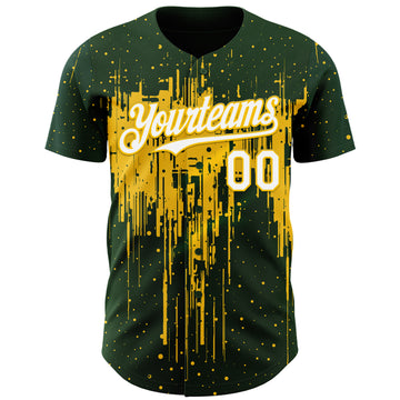Custom Green White-Yellow 3D Pattern Design Dripping Splatter Paint Authentic Baseball Jersey