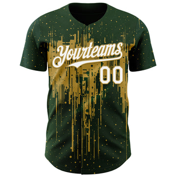 Custom Green White-Old Gold 3D Pattern Design Dripping Splatter Paint Authentic Baseball Jersey