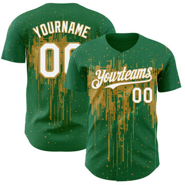 Custom Kelly Green White-Old Gold 3D Pattern Design Dripping Splatter Paint Authentic Baseball Jersey