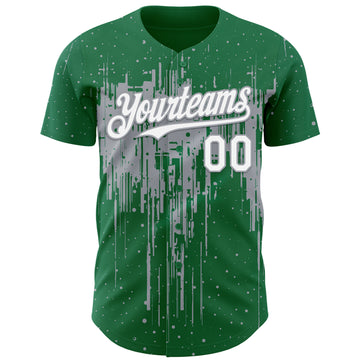 Custom Kelly Green White-Gray 3D Pattern Design Dripping Splatter Paint Authentic Baseball Jersey