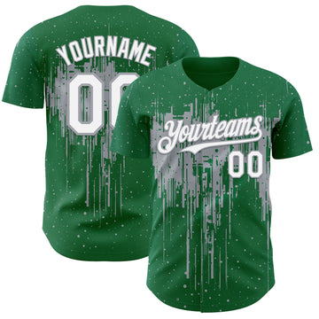 Custom Kelly Green White-Gray 3D Pattern Design Dripping Splatter Paint Authentic Baseball Jersey
