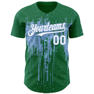 Custom Kelly Green White-Light Blue 3D Pattern Design Dripping Splatter Paint Authentic Baseball Jersey