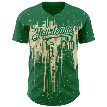 Custom Kelly Green Cream 3D Pattern Design Dripping Splatter Paint Authentic Baseball Jersey