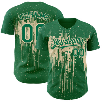 Custom Kelly Green Cream 3D Pattern Design Dripping Splatter Paint Authentic Baseball Jersey