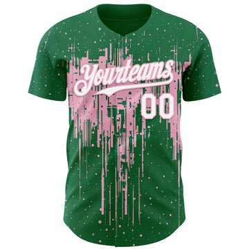 Custom Kelly Green White-Light Pink 3D Pattern Design Dripping Splatter Paint Authentic Baseball Jersey