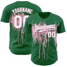 Загрузить изображение в средство просмотра галереи, Custom Kelly Green White-Light Pink 3D Pattern Design Dripping Splatter Paint Authentic Baseball Jersey
