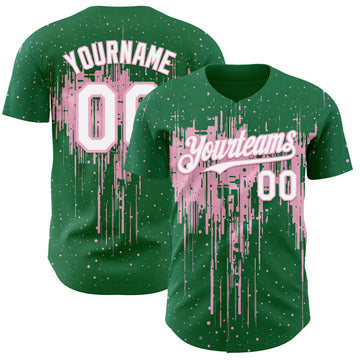 Custom Kelly Green White-Light Pink 3D Pattern Design Dripping Splatter Paint Authentic Baseball Jersey
