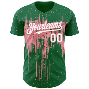Custom Kelly Green White-Medium Pink 3D Pattern Design Dripping Splatter Paint Authentic Baseball Jersey