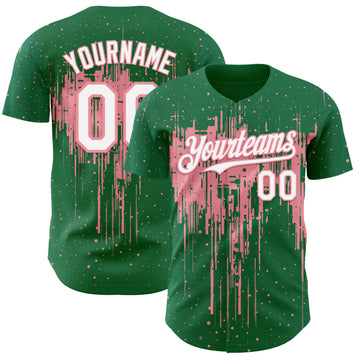 Custom Kelly Green White-Medium Pink 3D Pattern Design Dripping Splatter Paint Authentic Baseball Jersey