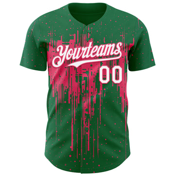 Custom Kelly Green White-Neon Pink 3D Pattern Design Dripping Splatter Paint Authentic Baseball Jersey