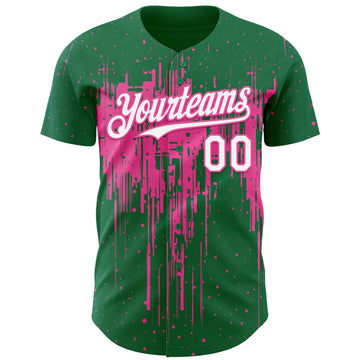 Custom Kelly Green White-Pink 3D Pattern Design Dripping Splatter Paint Authentic Baseball Jersey