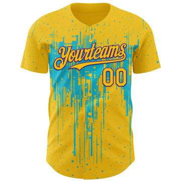Custom Yellow Purple-Lakes Blue 3D Pattern Design Dripping Splatter Paint Authentic Baseball Jersey