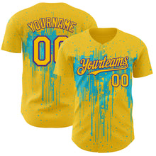 Load image into Gallery viewer, Custom Yellow Purple-Lakes Blue 3D Pattern Design Dripping Splatter Paint Authentic Baseball Jersey
