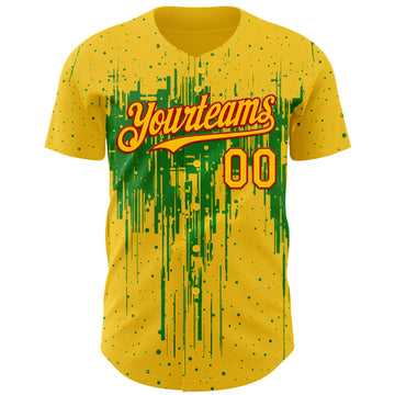 Custom Yellow Red-Grass Green 3D Pattern Design Dripping Splatter Paint Authentic Baseball Jersey