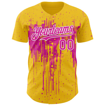 Custom Yellow Deep Pink-White 3D Pattern Design Dripping Splatter Paint Authentic Baseball Jersey