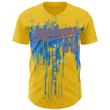 Custom Yellow Powder Blue-Orange 3D Pattern Design Dripping Splatter Paint Authentic Baseball Jersey