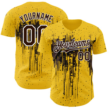 Custom Yellow Brown-White 3D Pattern Design Dripping Splatter Paint Authentic Baseball Jersey