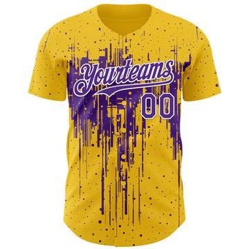 Custom Yellow Purple-White 3D Pattern Design Dripping Splatter Paint Authentic Baseball Jersey
