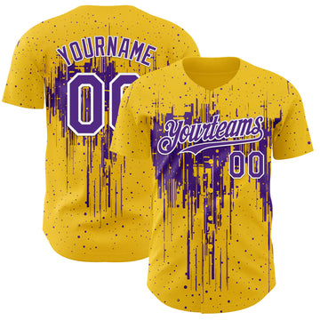 Custom Yellow Purple-White 3D Pattern Design Dripping Splatter Paint Authentic Baseball Jersey