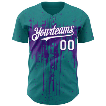 Custom Teal White-Purple 3D Pattern Design Dripping Splatter Paint Authentic Baseball Jersey