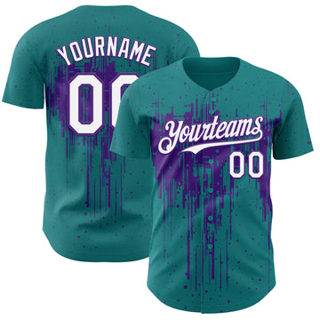 Custom Teal White-Purple 3D Pattern Design Dripping Splatter Paint Authentic Baseball Jersey