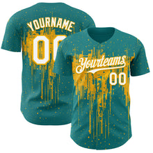 Load image into Gallery viewer, Custom Teal White-Gold 3D Pattern Design Dripping Splatter Paint Authentic Baseball Jersey
