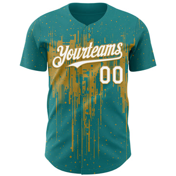 Custom Teal White-Old Gold 3D Pattern Design Dripping Splatter Paint Authentic Baseball Jersey