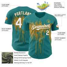Загрузить изображение в средство просмотра галереи, Custom Teal White-Old Gold 3D Pattern Design Dripping Splatter Paint Authentic Baseball Jersey
