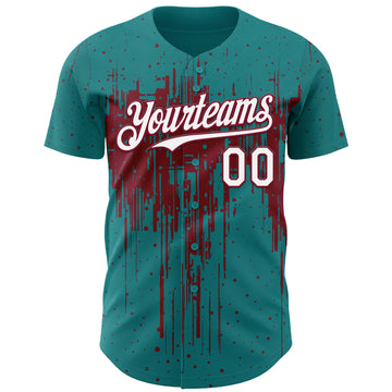Custom Teal White-Crimson 3D Pattern Design Dripping Splatter Paint Authentic Baseball Jersey
