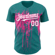 Laden Sie das Bild in den Galerie-Viewer, Custom Teal White-Pink 3D Pattern Design Dripping Splatter Paint Authentic Baseball Jersey
