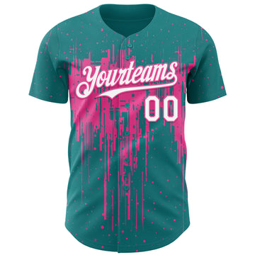 Custom Teal White-Pink 3D Pattern Design Dripping Splatter Paint Authentic Baseball Jersey