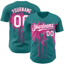 Laden Sie das Bild in den Galerie-Viewer, Custom Teal White-Pink 3D Pattern Design Dripping Splatter Paint Authentic Baseball Jersey
