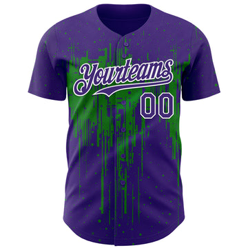 Custom Purple White-Grass Green 3D Pattern Design Dripping Splatter Paint Authentic Baseball Jersey