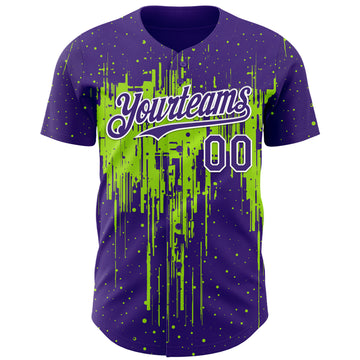 Custom Purple White-Neon Green 3D Pattern Design Dripping Splatter Paint Authentic Baseball Jersey