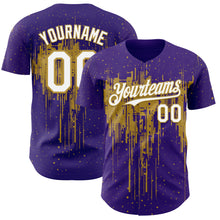 Загрузить изображение в средство просмотра галереи, Custom Purple White-Old Gold 3D Pattern Design Dripping Splatter Paint Authentic Baseball Jersey
