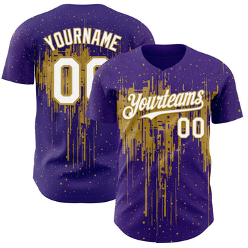 Custom Purple White-Old Gold 3D Pattern Design Dripping Splatter Paint Authentic Baseball Jersey